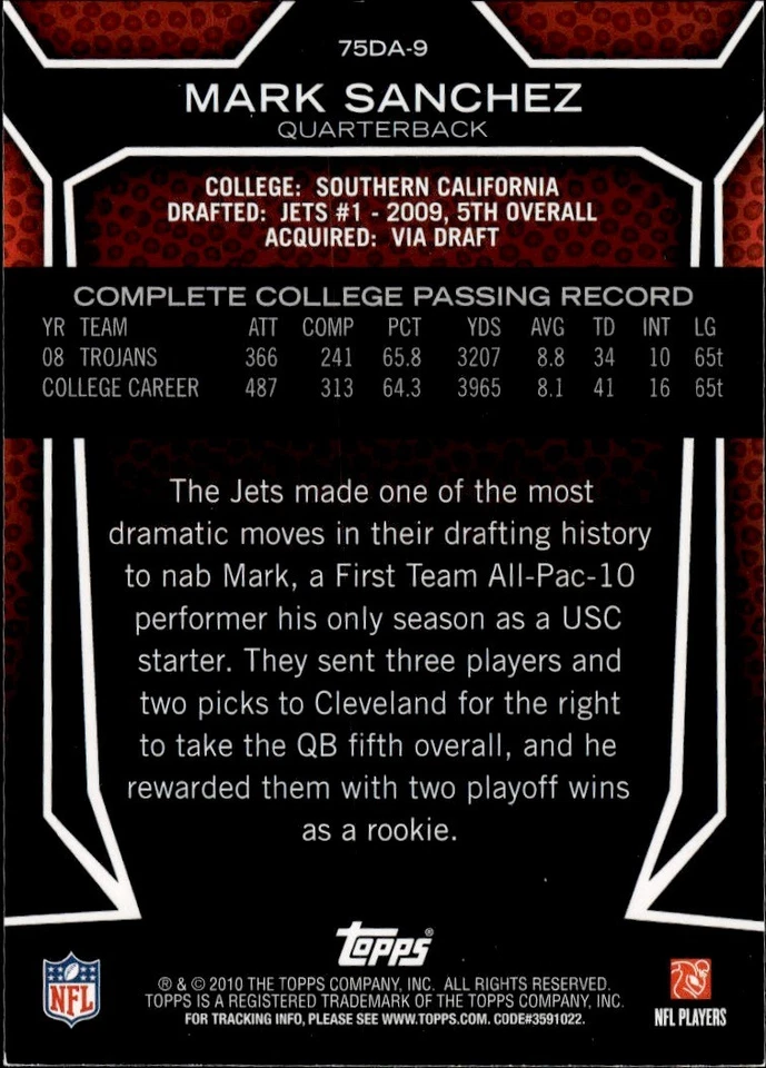2010 Topps Draft 75th Anniversary #75DA-9 Mark Sanchez New York Jets - Image 2 of 2