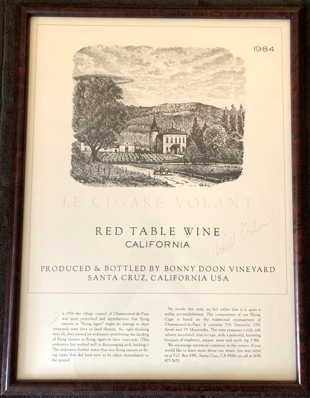 Signed 1984 Bonny Doon Vineyard Le Cigare Volant Framed Poster Randall Grahm UFO