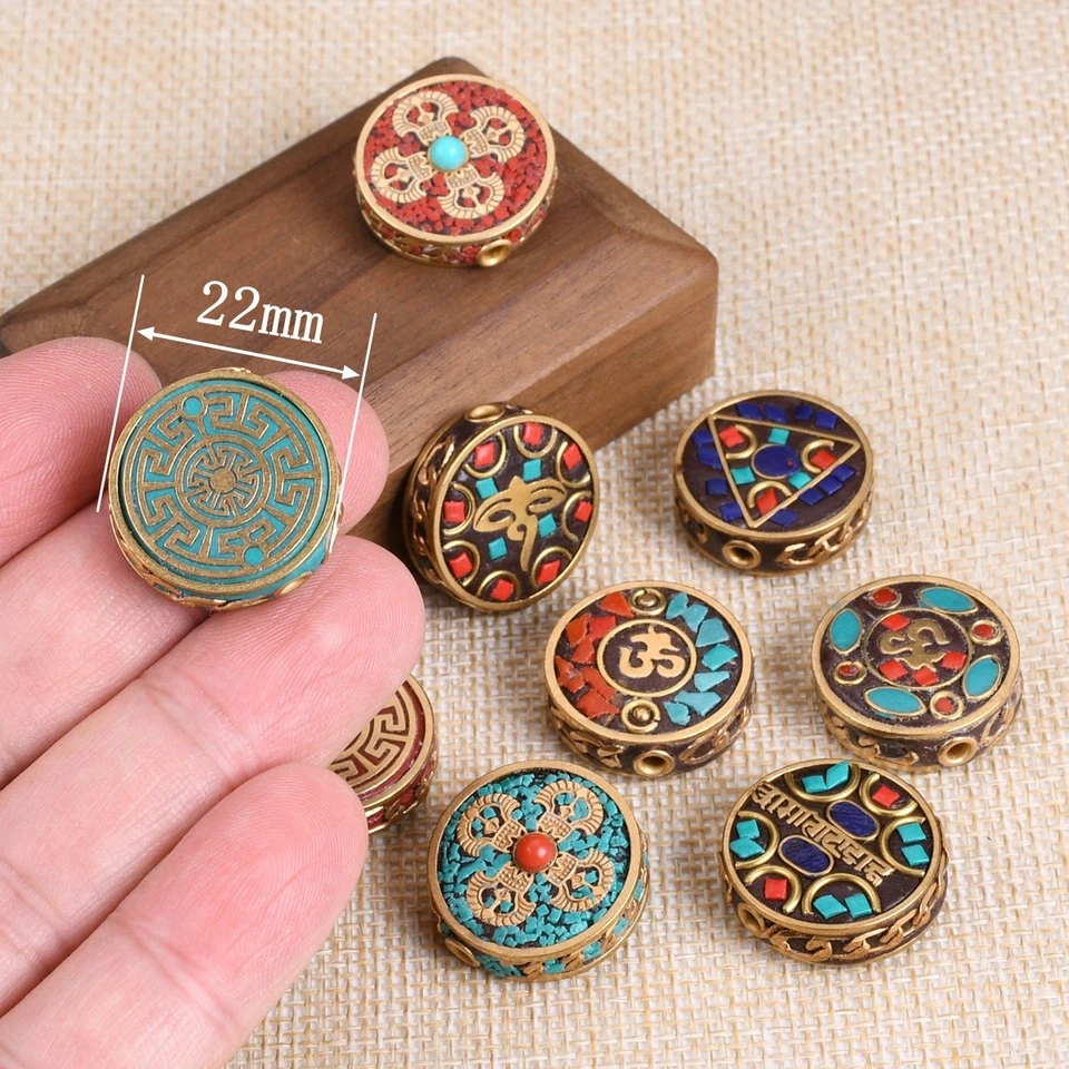 1pcs 22mm Flat Round Nepalese Tibetan Buddhist Handmade Brass Metal Clay Beads - Image 3 of 4