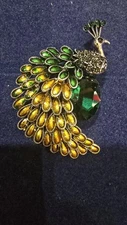 Peacock Brooch or Pendant Green Rhinestone Enamel Gold Tone Silvertone Statement