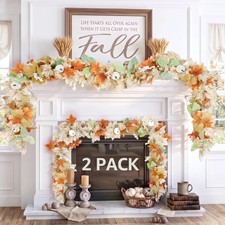 Neutral Fall Garland for Mantle Fireplace - 2 Pack 6Ft Outdoor Autumn Leaves Dec