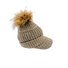 Knit Beanie Hat w/ Removable Genuine Fur Pom-Pom Brim Neutral OS