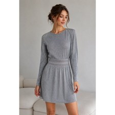 Tory Burch Isabella Blouson Dress Silver Metallic Shimmer Long Sleeve Size Small