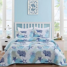 Coastal Quilt Set Full Size, Blue Ocean Beach Themed Bedding Set Coral Seashell