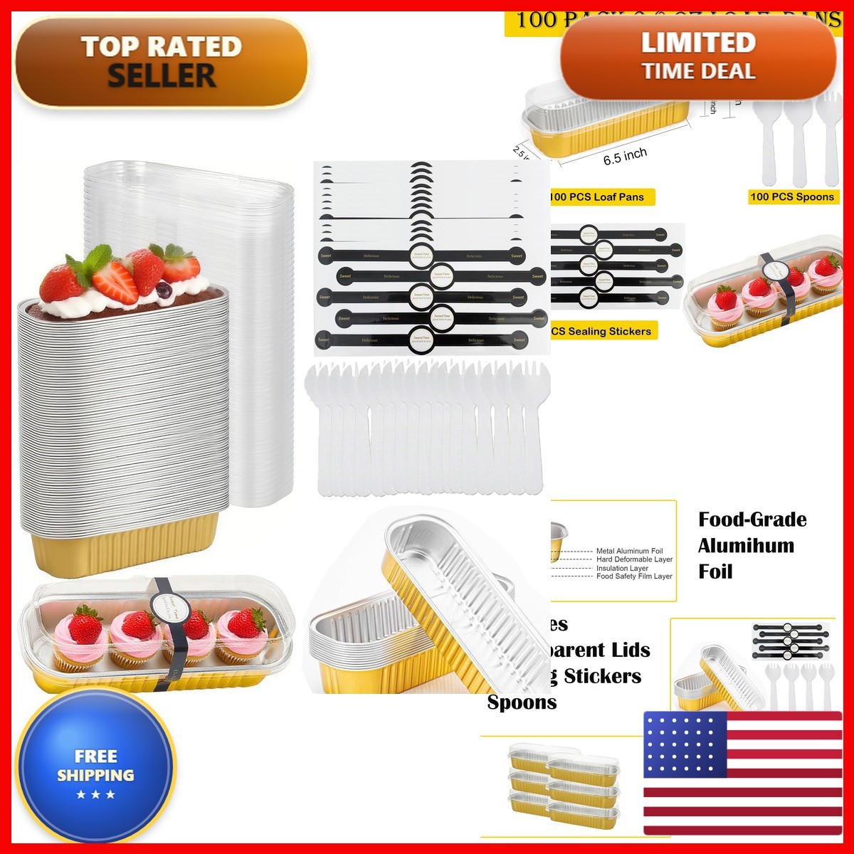 LEFIMOT 100 Pack Mini Loaf Pans Lids And Spoons Sealing Sticker, 6.8oz Mini