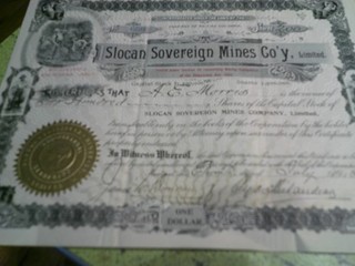 SLOCAN SOVEREIGN MINES CO'Y LTD 1899 BRITISH COLUMBIA STOCK CERTIFICATE