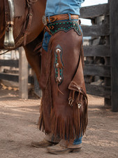 Men's New Western Leather Chinks Tooled Cowboy Chaps Trail Riding Fringed