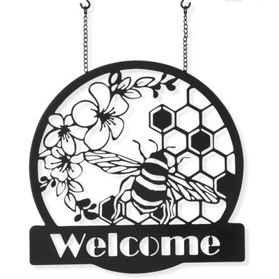 K&K Interiors Black Metal Cutout Bee WELCOME Sign Arrow