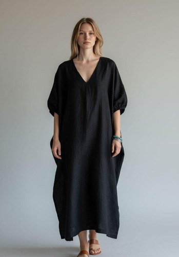 Plus Size Linen Kaftan Dress – Oversized Black Maxi – Breathable Summer Clothing