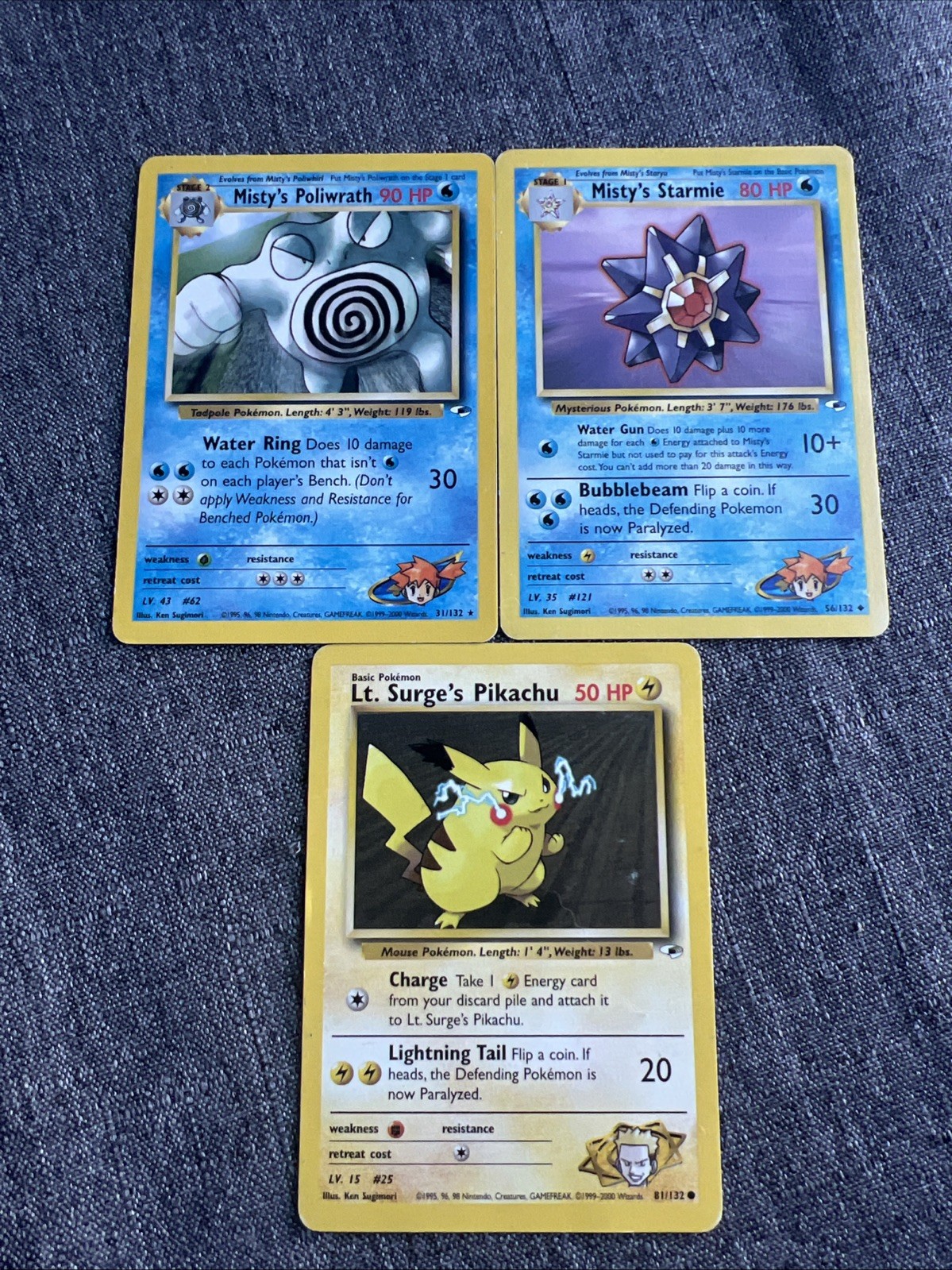 Lot Of 3 Pokemon Gym Heroes Cards 31-56-82/132 Misty’s Poliwrath&Starmie , Pkchu
