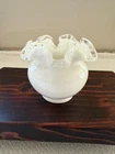 Vintage Fenton Milk Glass Silver Crest 4" Rose Bowl Vase Clear Ruffled Edge