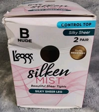 Leggs Silken Mist Tights Sz B Nude Control Top Run Resist Silky Sheer Leg 2 Pair