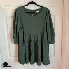 Umgee USA Dark Green  tiered Peasant Baby Doll  dress Sz L Festival Swing