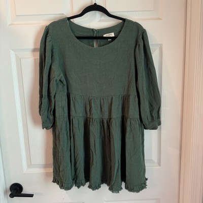 Umgee USA Dark Green  tiered Peasant Baby Doll  dress Sz L Festival Swing