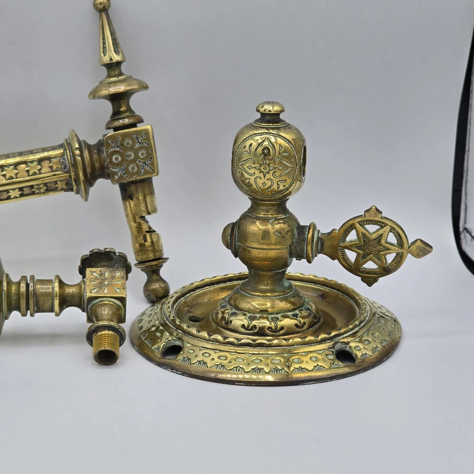 Victorian Brass Swing Arm Wall Sconces Antique Embossed Gas Lights Pair Ornate - Image 2 of 4