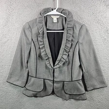 White House Black Market Blazer Suit Jacket Size 2 Fitted Ruffle Gray Black Work