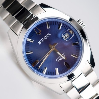 Men's Bulova Classic Surveyor 96B436 Blue Dial Steel Strap Automatic Watch 39mm