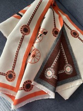 Hermes Cashmere scarf Horse Print Beige Orange, Authentic Luxury