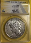 1934S Peace Dollar Graded AU50 details (cleaned) by ANACS
