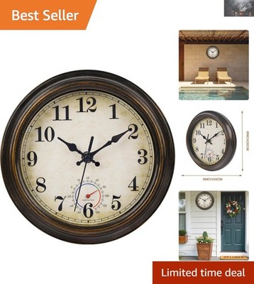 8-Inch Vintage Rustic Waterproof Outdoor Clock with Thermometer - Bronze Charm