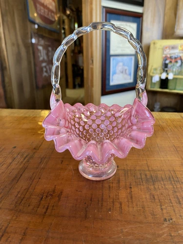 Small Vintage Fenton Cranberry Opalescent Glass Hobnail Basket *Chipped Handle