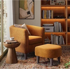Accent Chair and Ottoman Set: Chenille Barrel Chair with Foot Rest, Mid-Century