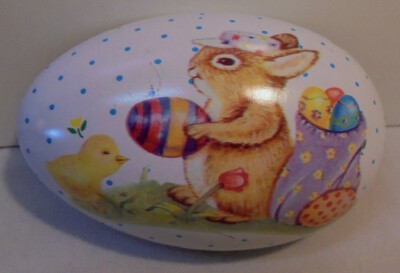 1988 Tin Easter Egg With Easter Bunny Easter Egg Chick Tulip 5''x3.25'' FREE SHIP