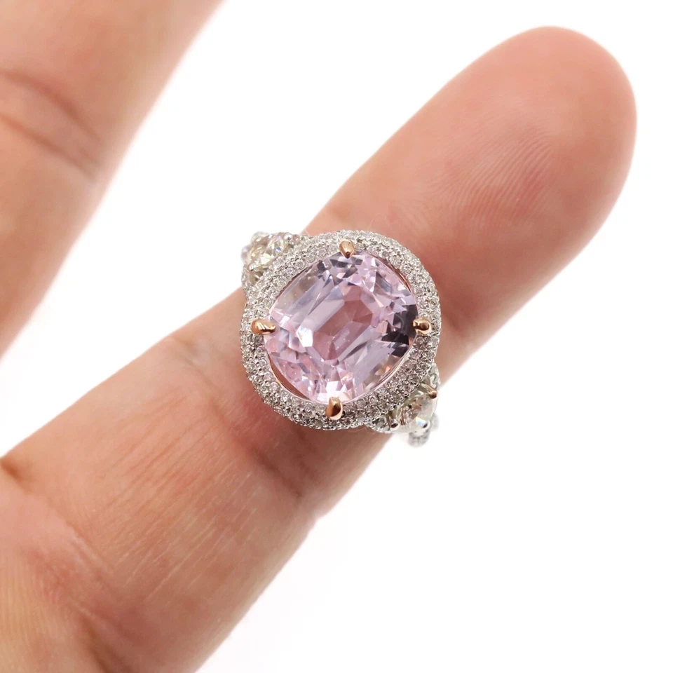 设计师 18k 纯白金 5.50 克拉天然 Kunzite 和钻石戒指 尺寸 6.25 — 第 3/4 张图片