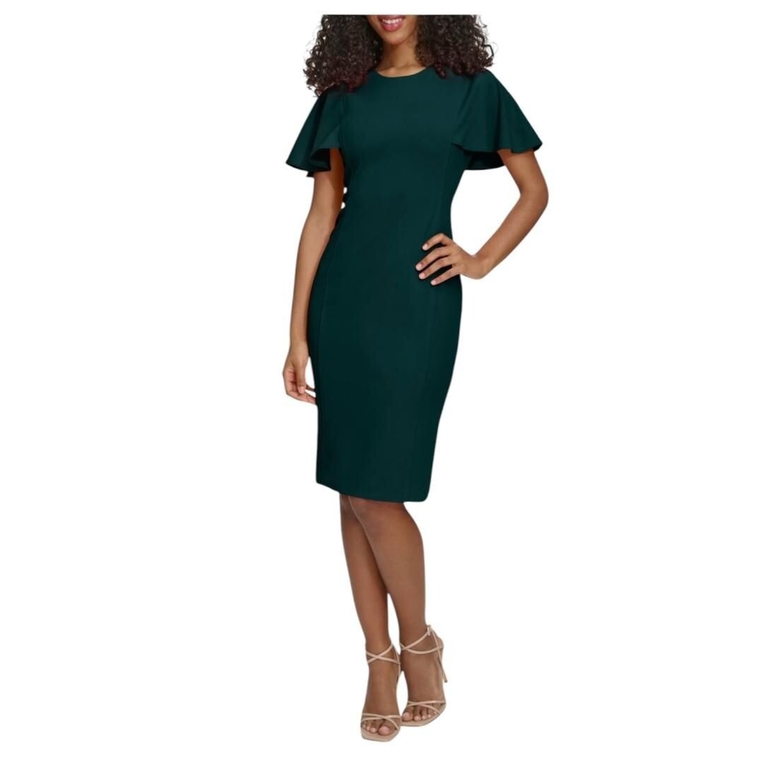 Calvin Klein Womens Dark Green Short Flutter Sleeve Sheath Midi