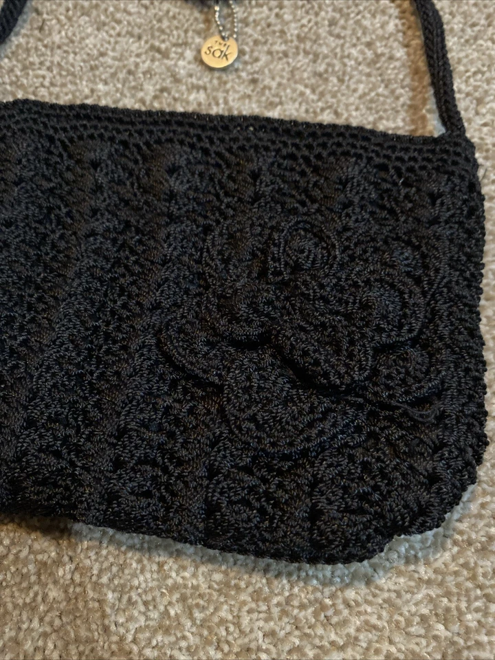 Винтажный SAK маленький классический черный крючком наплечная сумка сумочка Y2K ретро цветок - Изображение 2 из 4