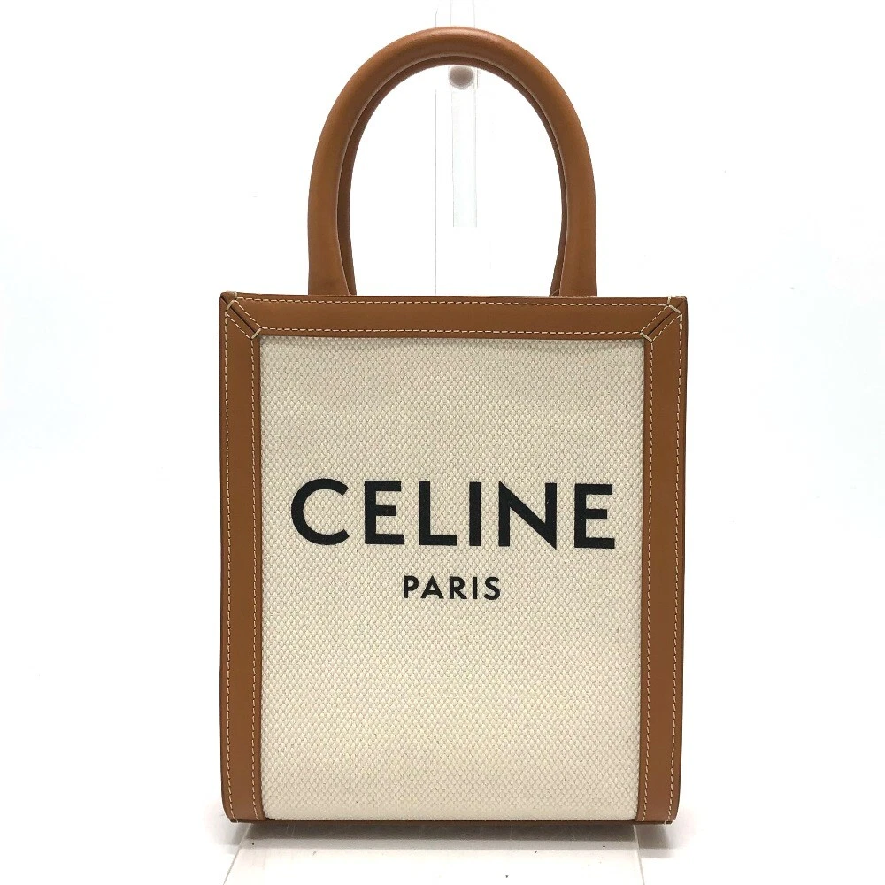 CELINE logo Vertical Cabas Mini 2WAY Shoulder Bag Canvas/Leather Beige