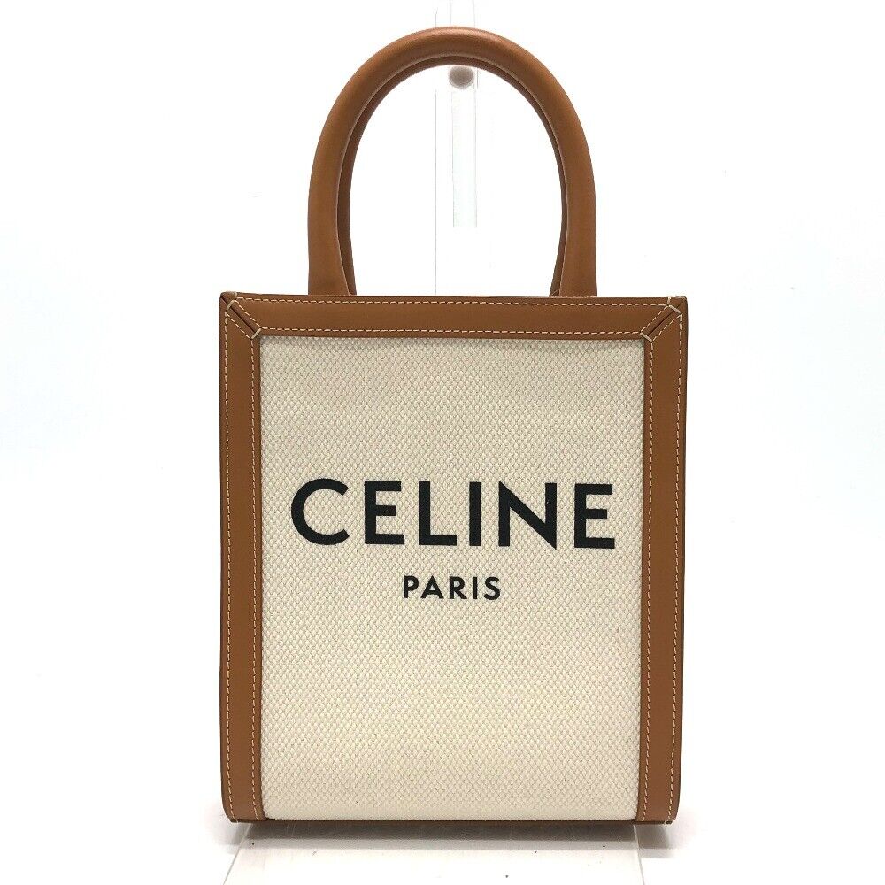 CELINE Small Vertical Cabas 2way Shoulder Bag Canvas/Leather Camel and  White