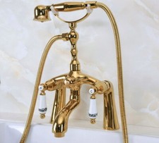 Gold Color Brass Bath Tub Faucet w/Hand Shower Deck Mount Dual Handles Mixer Tap