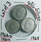 Lot of 3 Roosevelt Dimes 90% Silver 1964-1964-1962-D RPM VG Condition Look & See