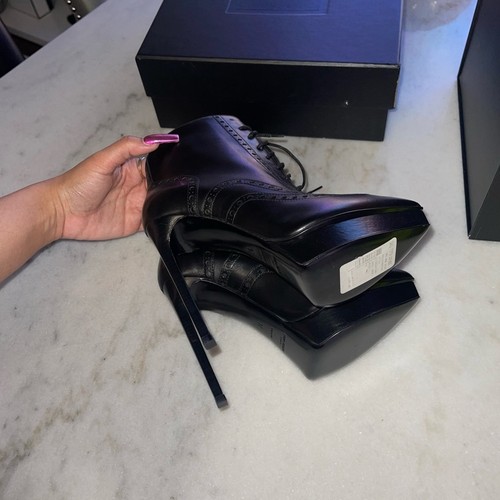 Saint Laurent 37 Black Janis Oxford Nappa Leather Stiletto Lace Up Ankle Boots - Picture 14 of 16