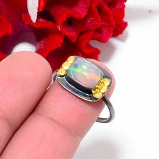 Natural Opal - Ethiopia Black And Gold Plated 925 Sterling Silver Ring S.9.5 R23