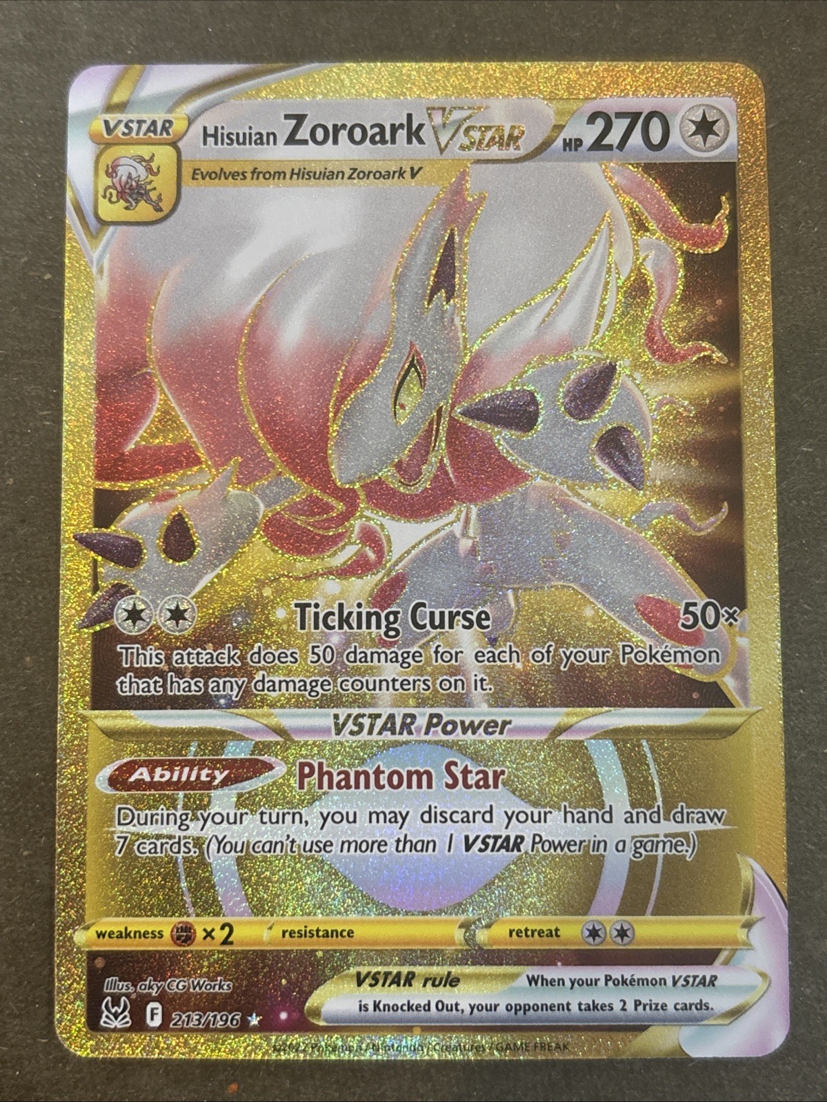 Hisuian Zoroark VSTAR 213/196 Gold Secret Rare Full Art Pokemon Lost Origin NM +