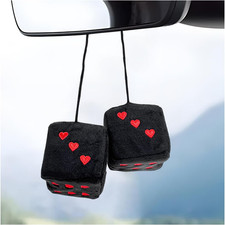 Pair 3" Fuzzy Plush Dice Black  Red Heart Car Mirror Retro Hanging Decor