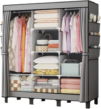 Portable Clothes Wardrobe with Hanging Rails Shelves Fabric Cover Grey