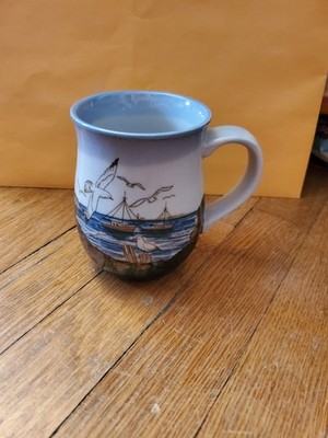 Blue Coffee Mug Cup Fishing Boats Coastal Nautical Seagulls Ocean Stoneware