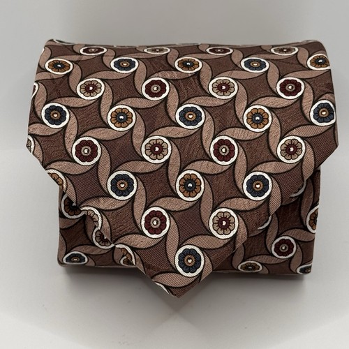 Stafford 100% Silk Tie Men's Brown Tan Gold Cream Blue Beige Geometric Circle