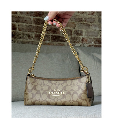 Coach Signature Monogram Brown/Beige Shoulder Bag, Gold Chain, Detach Strap
