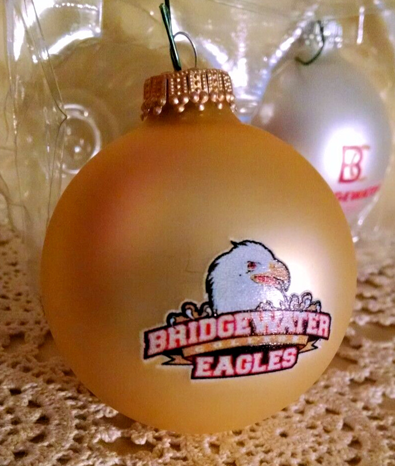 BRIDGEWATER COLLEGE ORNAMENT SET 2 GOLD EAGLES MASCOT WHITE BC SILVER RFSJ BALL.