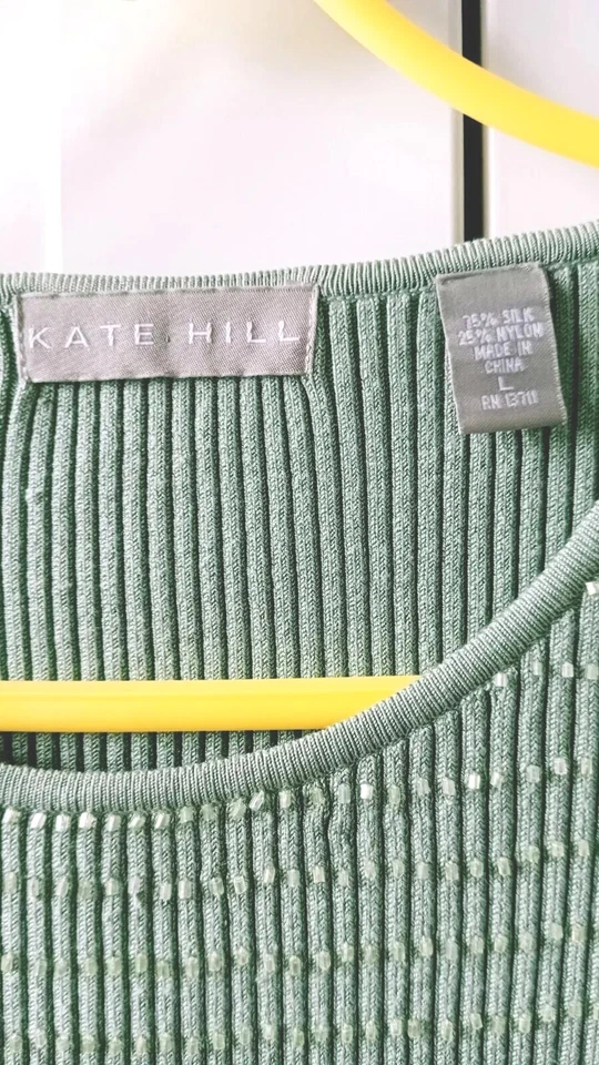 Suéter Kate Hill Pequeño Verde Cuentas Elastizado Tanque Acanalado Talla Grande Foto 4 de 4