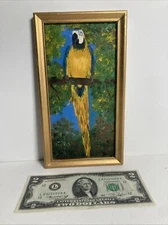 Vintage Original Miniature Oil Painting -Blue Macaw Bird in Habitat -Signed