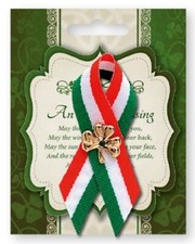 St Patricks Day Pin Brooch Shamrock Motif Tricoloured Ribbon Irish Blessing