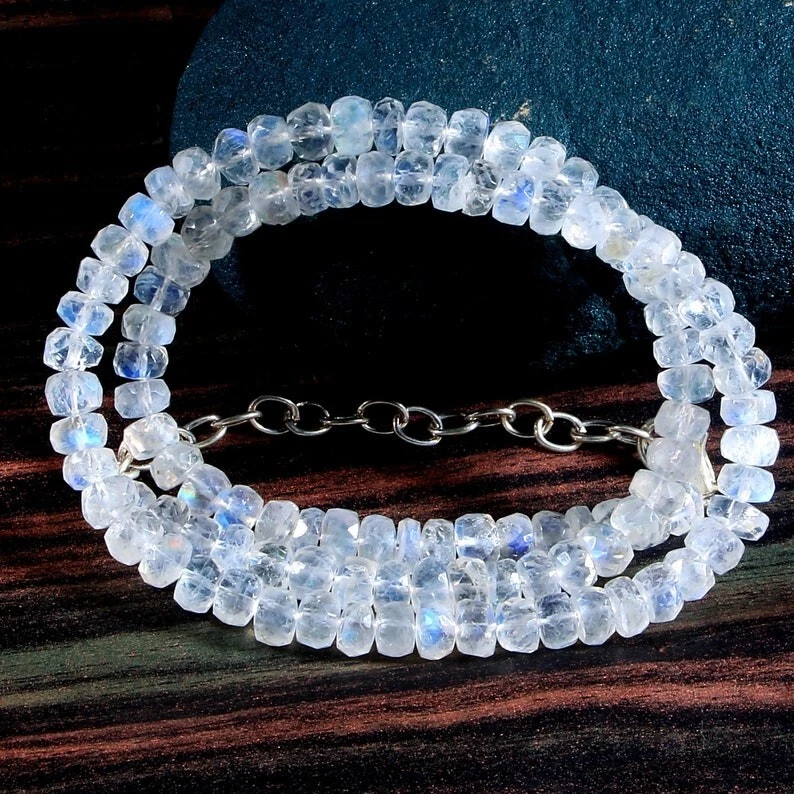 AAA++ Collar largo con cuentas de piedras preciosas facetadas de piedra lunar llamativa azul natural 24 pulgadas Foto 4 de 4