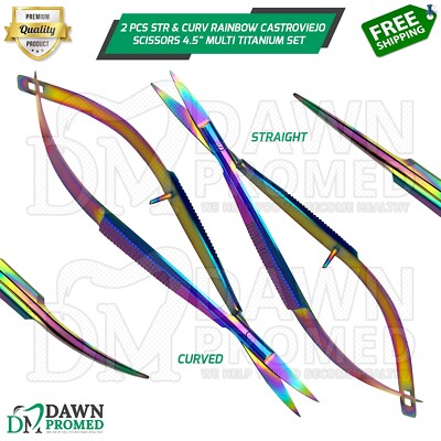 2 Pcs STR & CURV Rainbow Castroviejo Scissors 4.5'' Multi Titanium Ophthalmic Set