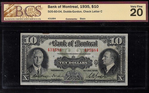 1935 The Bank of Montreal $10.00 BCS VF 20 ** SCARCE 505-60-04 NICE Ten Dollars - Foto 1 di 2