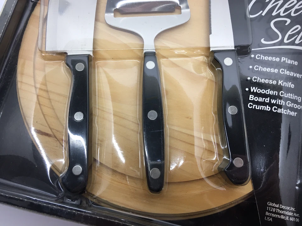 Juego para servir queso Global Decor tabla redonda de madera 3 cuchillos para cortar Foto 3 de 4